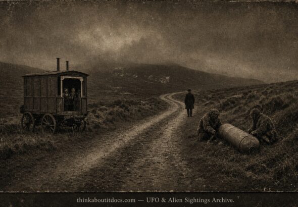 Historical illustration of the 1909 Caerphilly Mountain Wales phantom airship sighting, later found to have a mundane explanation