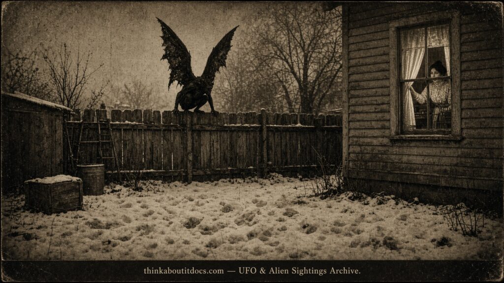 Historical illustration of the January 1909 Jersey Devil sighting on a fence in Burlington New Jersey