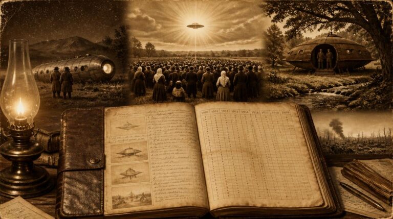 Dossier-style archive collage representing the 1910 to 1919 decade of UFO and entity sightings