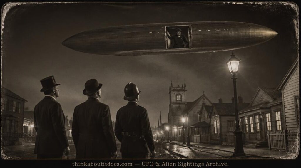 Historical illustration of the January 1910 Invercargill New Zealand UFO encounter witnessed by the mayor, a vicar, and a policeman