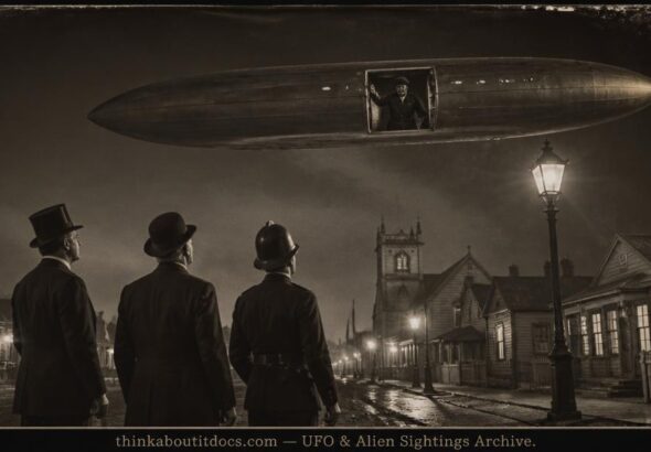 Historical illustration of the January 1910 Invercargill New Zealand UFO encounter witnessed by the mayor, a vicar, and a policeman