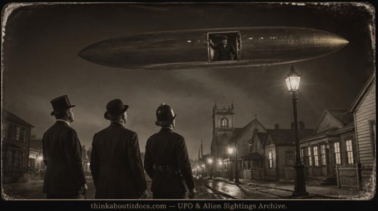Historical illustration of the January 1910 Invercargill New Zealand UFO encounter witnessed by the mayor, a vicar, and a policeman