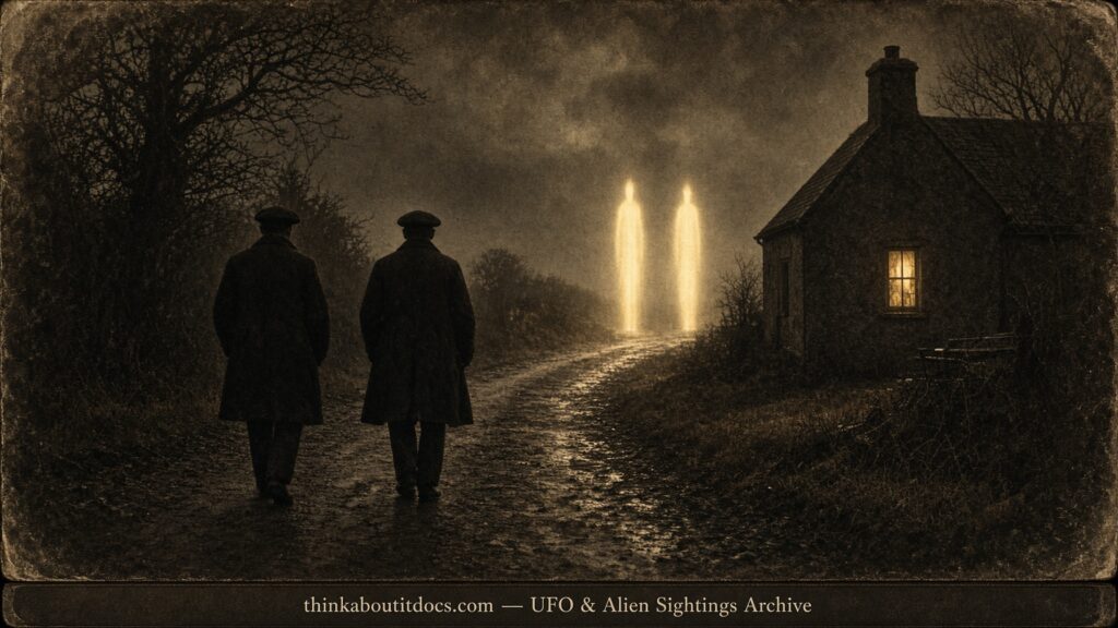 Historical illustration of the 1910 Listowel Ireland sighting of two radiant human-shaped beings in yellow light