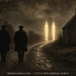 Historical illustration of the 1910 Listowel Ireland sighting of two radiant human-shaped beings in yellow light