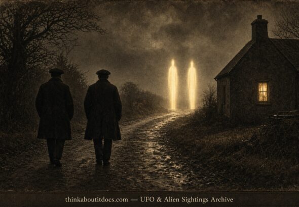 Historical illustration of the 1910 Listowel Ireland sighting of two radiant human-shaped beings in yellow light
