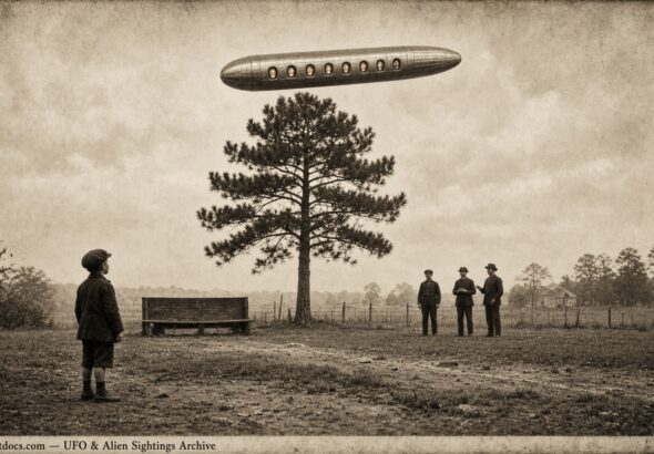 Historical illustration of the 1910 Violetville Maryland sighting of pigeon-headed entities in a hovering cigar-shaped object