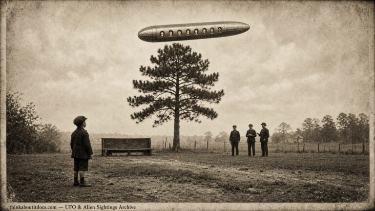 Historical illustration of the 1910 Violetville Maryland sighting of pigeon-headed entities in a hovering cigar-shaped object