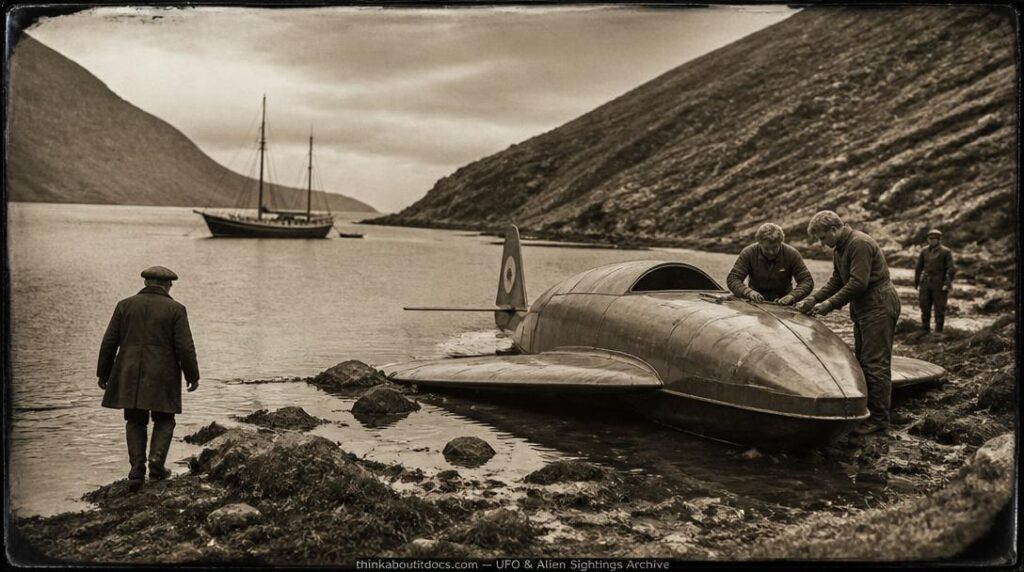 Historical illustration of the 1913 Killary Harbor Ireland ditched craft encounter with tall blond occupants