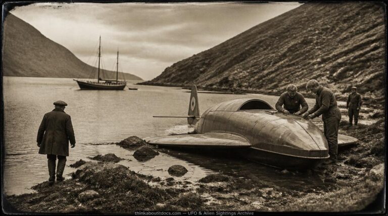 Historical illustration of the 1913 Killary Harbor Ireland ditched craft encounter with tall blond occupants
