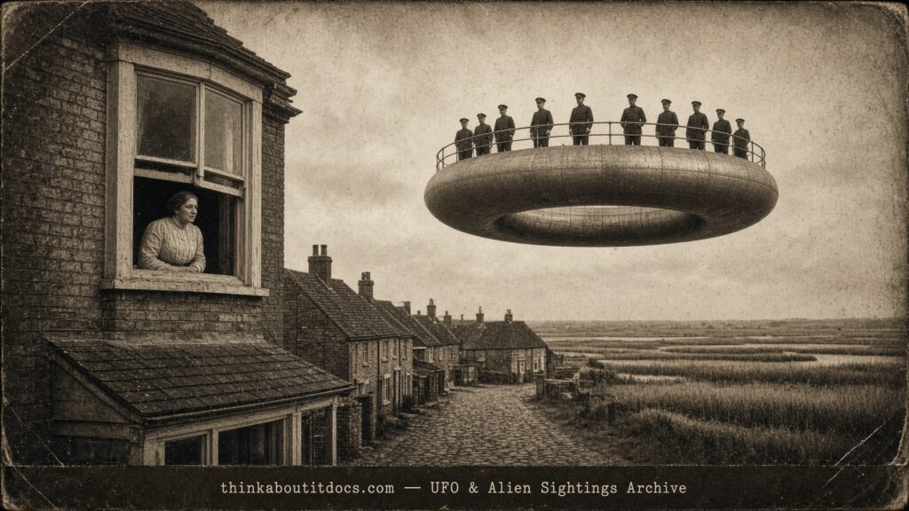 Historical illustration of the 1916 Aldeburgh England UFO platform sighting with uniformed occupants