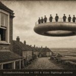 Historical illustration of the 1916 Aldeburgh England UFO platform sighting with uniformed occupants
