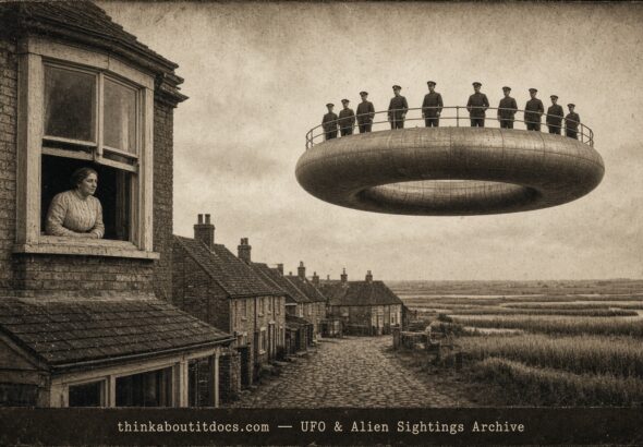 Historical illustration of the 1916 Aldeburgh England UFO platform sighting with uniformed occupants