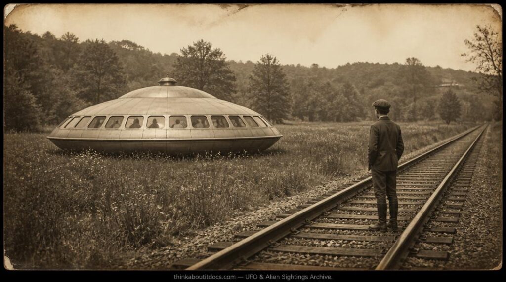 Historical illustration of the October 1917 Youngstown Pennsylvania saucer sighting with visible occupants