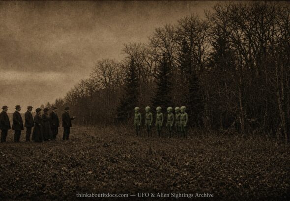 Historical illustration of the 1918 Fontainebleau Quebec green humanoid sighting near woods