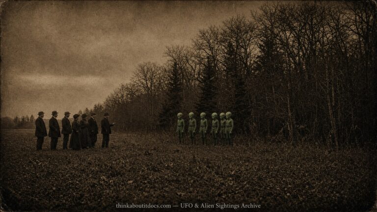 Historical illustration of the 1918 Fontainebleau Quebec green humanoid sighting near woods