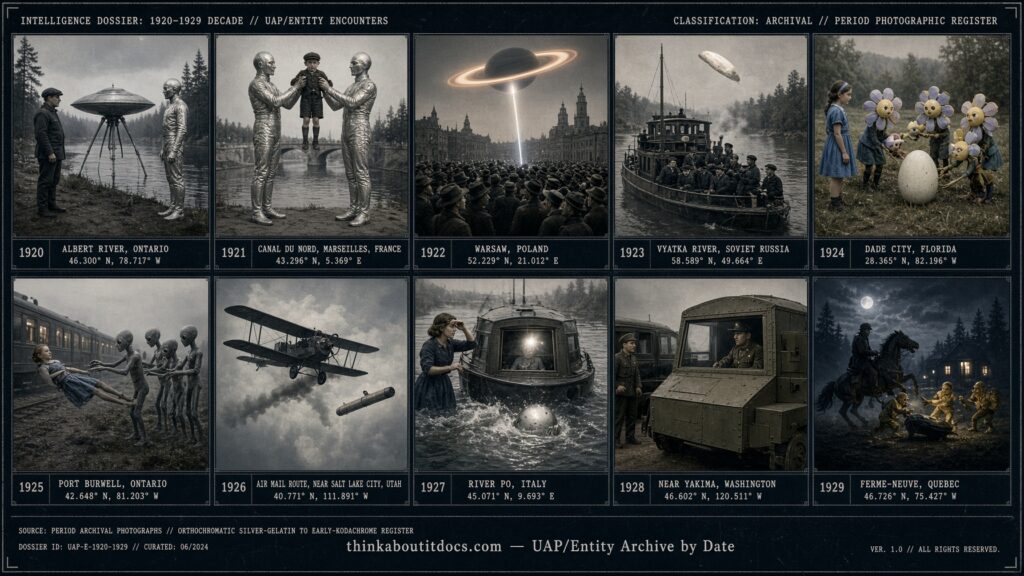 Ten-panel chronological collage of 1920s UFO and entity sightings from Mattawa River Ontario to Ferme-Neuve Quebec