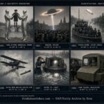 Ten-panel chronological collage of 1920s UFO and entity sightings from Mattawa River Ontario to Ferme-Neuve Quebec