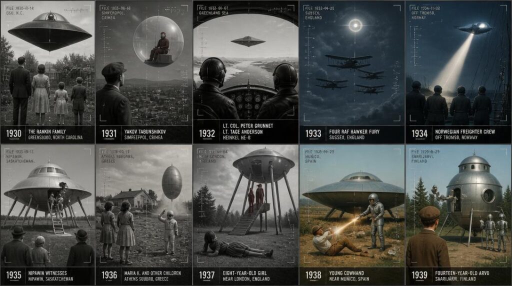 1930–1939 UFO and Entity Sightings Decade Archive Collage