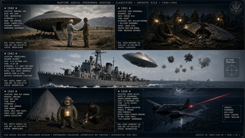 Five-panel WWII UFO dossier collage: Montana 1940, Cape Girardeau 1941, Guadalcanal 1942, RAF Ludham 1943, and the first Foo Fighter over Strasbourg 1944