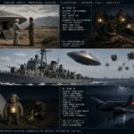 Five-panel WWII UFO dossier collage: Montana 1940, Cape Girardeau 1941, Guadalcanal 1942, RAF Ludham 1943, and the first Foo Fighter over Strasbourg 1944