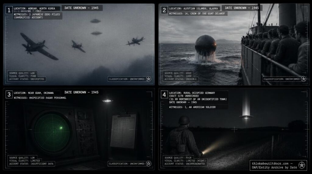 Four-panel dossier collage: Wonsan dogfight claim, Delarof sphere, Guam radar contact, and a German landing case, all undated within 1945