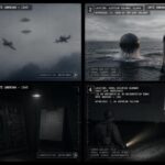 Four-panel dossier collage: Wonsan dogfight claim, Delarof sphere, Guam radar contact, and a German landing case, all undated within 1945