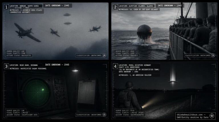 Four-panel dossier collage: Wonsan dogfight claim, Delarof sphere, Guam radar contact, and a German landing case, all undated within 1945