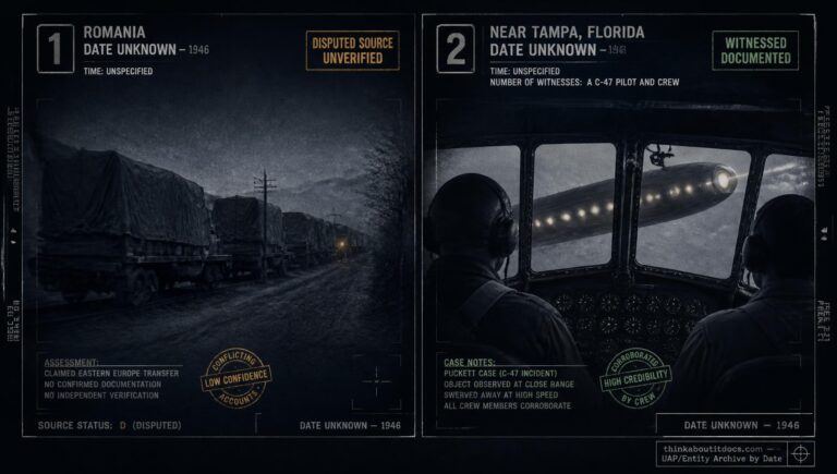 Two-panel dossier collage: a disputed Romania Zhitkur wreckage claim and the Tampa Florida Puckett case, both undated within 1946