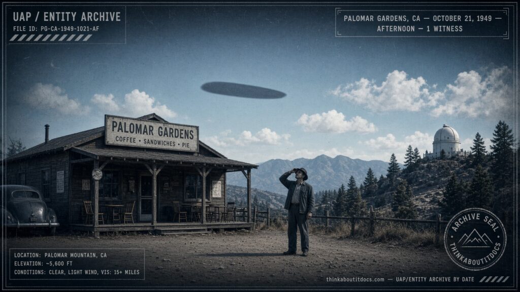 A man outside a cafe near Mount Palomar Observatory watches a dark cigar-shaped object cross the sky, October 21, 1949