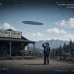 A man outside a cafe near Mount Palomar Observatory watches a dark cigar-shaped object cross the sky, October 21, 1949