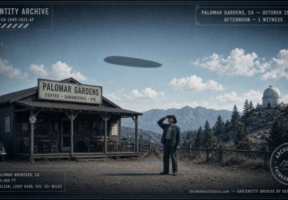 A man outside a cafe near Mount Palomar Observatory watches a dark cigar-shaped object cross the sky, October 21, 1949