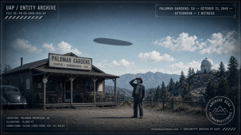 A man outside a cafe near Mount Palomar Observatory watches a dark cigar-shaped object cross the sky, October 21, 1949