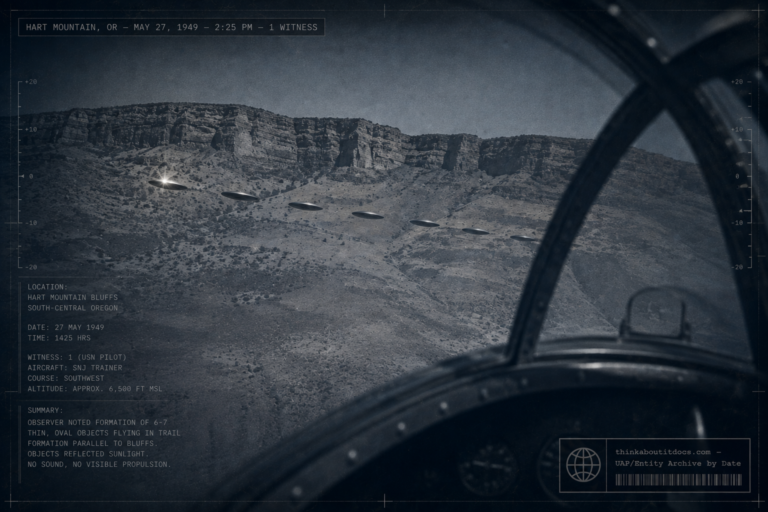 A formation of small oval metallic objects flying in trail formation near Hart Mountain, Oregon, seen from a Navy trainer aircraft on May 27, 1949