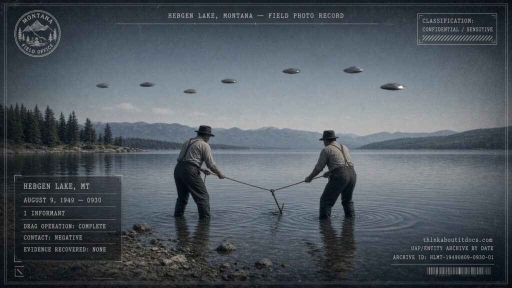 Agents dragging Hebgen Lake, Montana for wreckage after a reported disc crash, August 9, 1949
