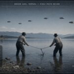 Agents dragging Hebgen Lake, Montana for wreckage after a reported disc crash, August 9, 1949