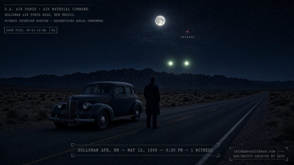A stopped military car on a New Mexico highway at night with two round white lights over a distant mountain ridge, May 12, 1949