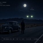 A stopped military car on a New Mexico highway at night with two round white lights over a distant mountain ridge, May 12, 1949