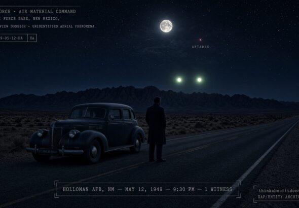 A stopped military car on a New Mexico highway at night with two round white lights over a distant mountain ridge, May 12, 1949