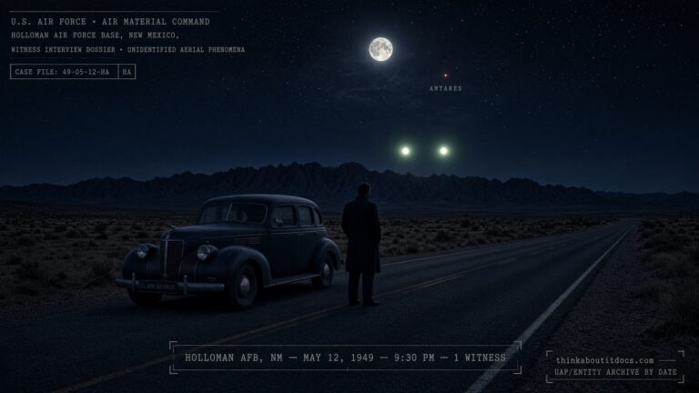 A stopped military car on a New Mexico highway at night with two round white lights over a distant mountain ridge, May 12, 1949