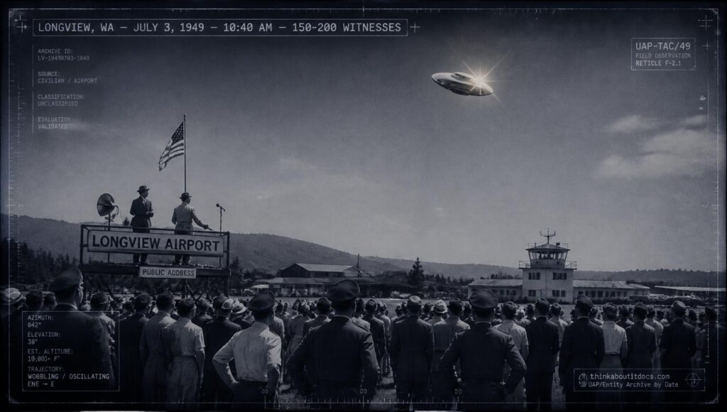 A large crowd at a Longview, Washington air show watches a discus-shaped object cross the sky on July 3, 1949