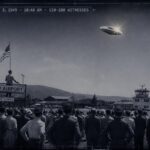A large crowd at a Longview, Washington air show watches a discus-shaped object cross the sky on July 3, 1949