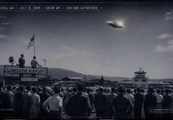 A large crowd at a Longview, Washington air show watches a discus-shaped object cross the sky on July 3, 1949