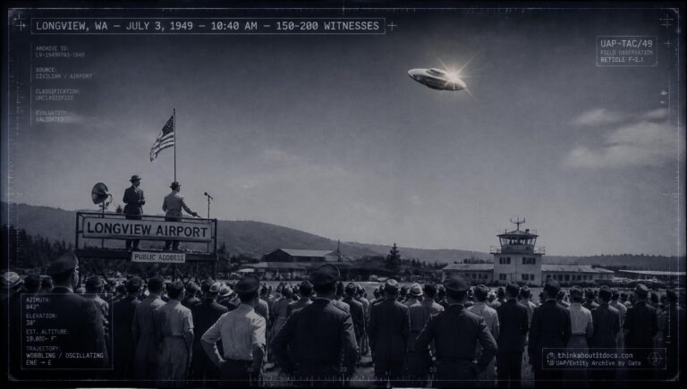 A large crowd at a Longview, Washington air show watches a discus-shaped object cross the sky on July 3, 1949