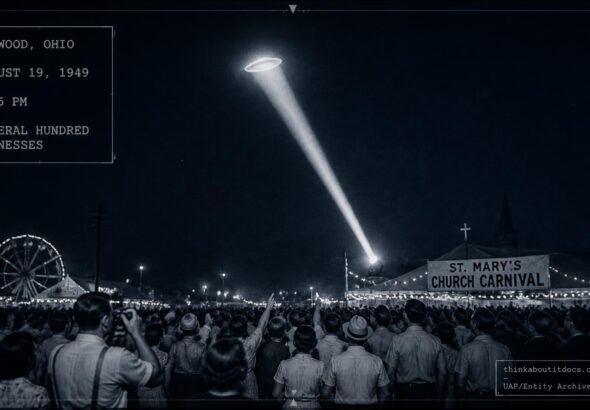 A searchlight beam catches a glowing disc-shaped object over a crowded church carnival in Norwood, Ohio, August 19, 1949