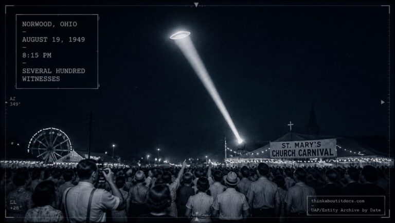 A searchlight beam catches a glowing disc-shaped object over a crowded church carnival in Norwood, Ohio, August 19, 1949