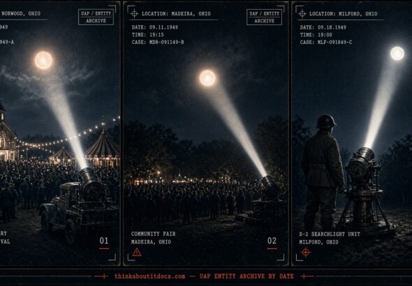 Three panels showing the same searchlight catching a glowing sphere over Norwood, Madeira, and Milford, Ohio in 1949