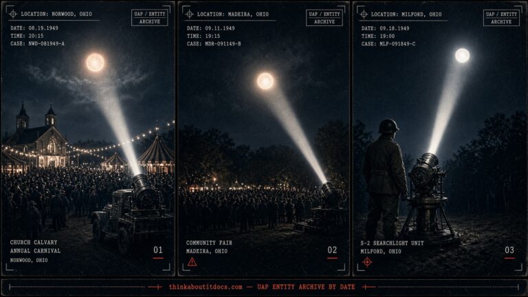 Three panels showing the same searchlight catching a glowing sphere over Norwood, Madeira, and Milford, Ohio in 1949