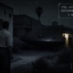A man standing in a Tel Aviv yard facing a dimly lit unidentified craft with indistinct occupants, December 25, 1949