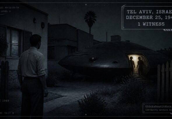 A man standing in a Tel Aviv yard facing a dimly lit unidentified craft with indistinct occupants, December 25, 1949