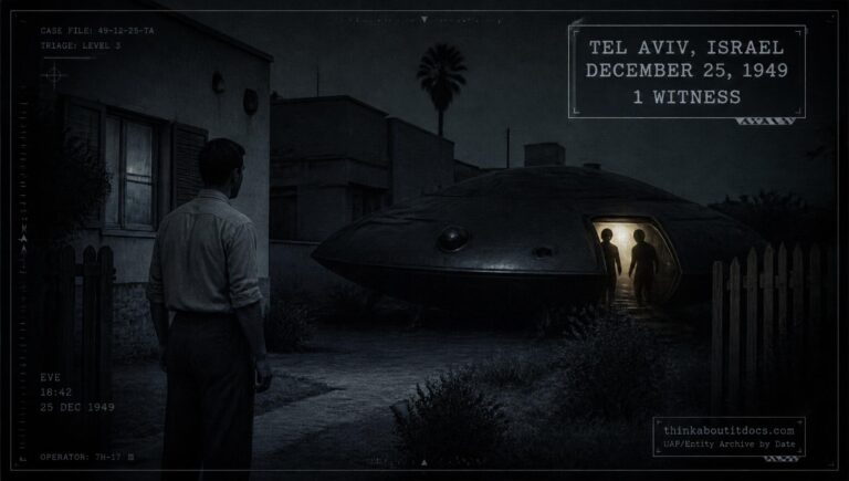 A man standing in a Tel Aviv yard facing a dimly lit unidentified craft with indistinct occupants, December 25, 1949